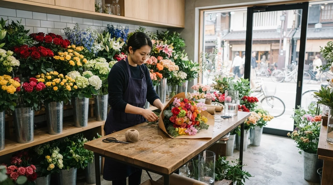 赤、黄色、白の切り花が並ぶ花店の棚